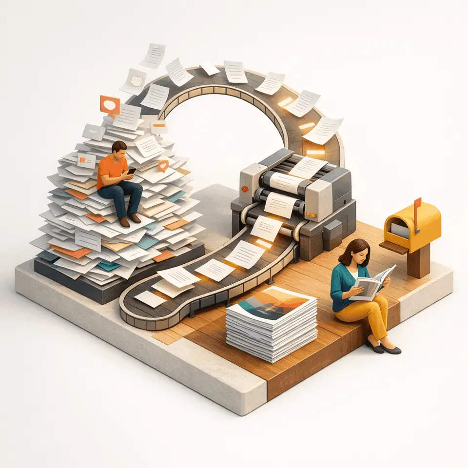 Isometrische Illustration zur Geschäftsidee Lesestapel - Gedruckte Magazine aus ungelesenen Chrome-Tabs